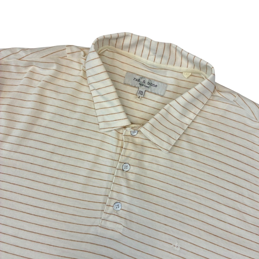 Rag & Bone Polo Shirt Mens XXL Cream Tan Striped Organic Cotton Short Sleeve